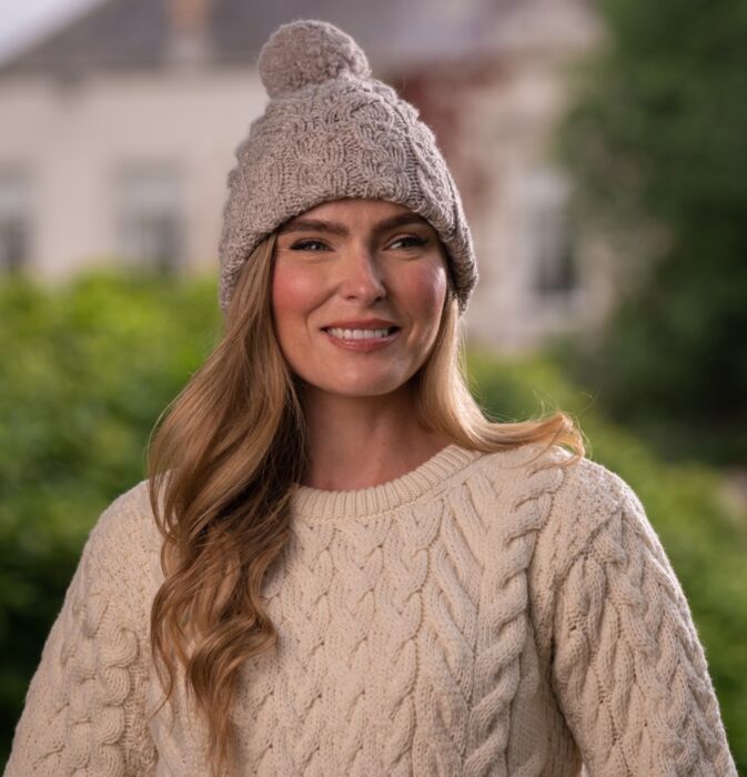 Tweed Cable Beanie Fur Pom Pom Beanie Hat Winter Hats 