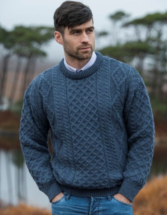 Pure Wool Unisex Aran Sweater Denim | The Sweater Shop