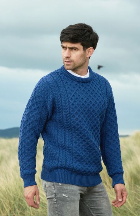 Men's Fisherman Sweater 100% Merino Wool Traditional Irish Aran Pullover  (X-Small, Denim) : : Clothing, Shoes & Accessories