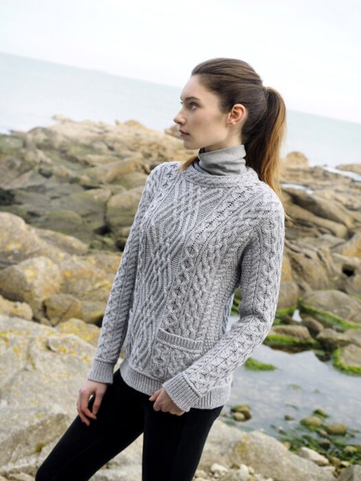 Buy Hand Knit Wool Sweater, Grey Soft Turtleneneck Cable Jumper