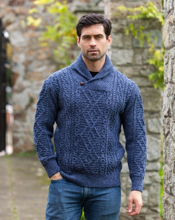 Aran Shawl Neck Sweater Denim | The Sweater Shop