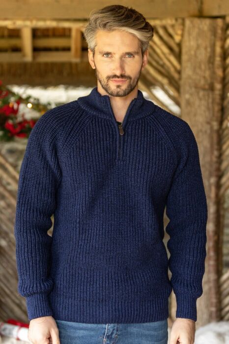 Men's half zip ribbed sweater Deep Water Blue | The Sweater Shop