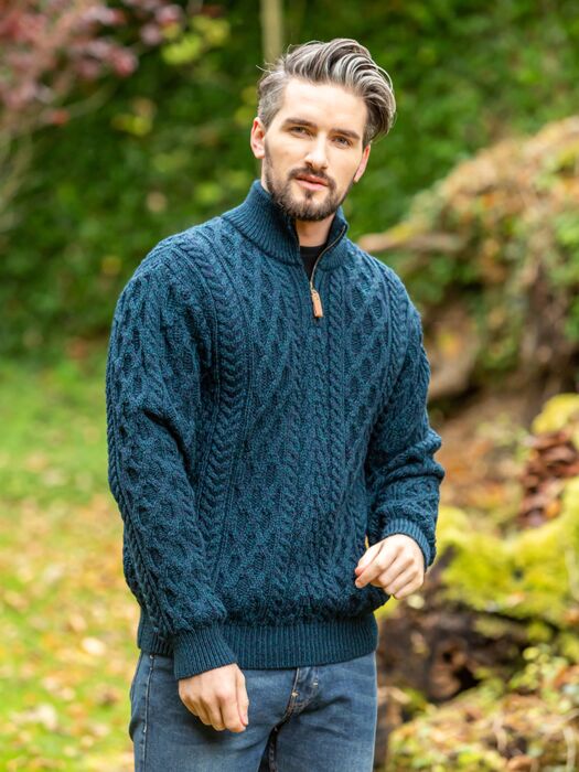 Irish Sweater  Merino Wool Aran Knit Zip Neck Fisherman Mens