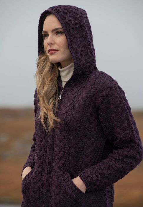 Irish Aran Hooded Coat Damson