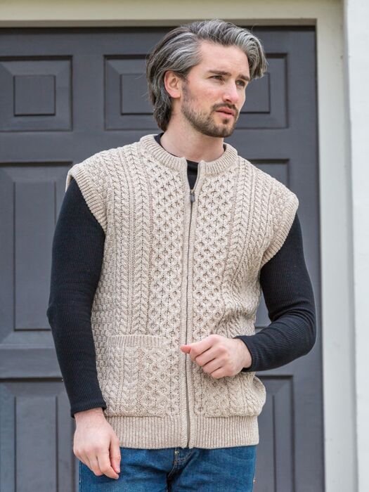 Mens Full Zip Waistocoat Beige | The Sweater Shop