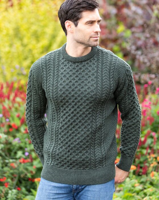O'Connell's Irish Fisherman Aran Sweater - Green - Men's Clothing,  Traditional Natural shouldered clothing, preppy apparel