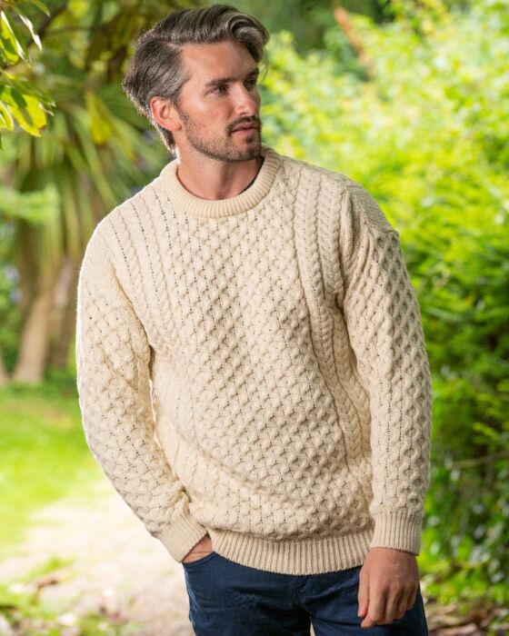Unisex Merino Wool Aran Sweater Natural | The Sweater Shop