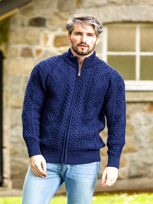 Men's Cable Knit Aran Fisherman's Sweater Dark Blue 