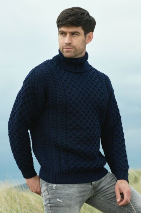 Aran Turtleneck Sweater Navy | The Sweater Shop