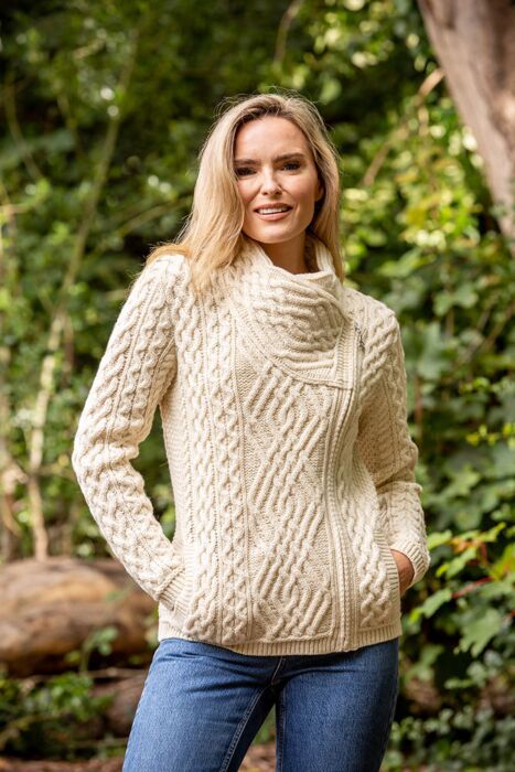 Cable Knit Side Zip Cardigan Natural | The Sweater Shop