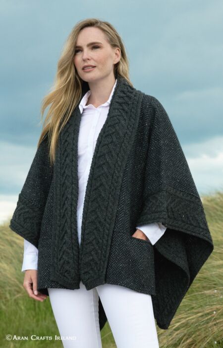 Ladies Tweed Cape Charcoal | The Sweater Shop