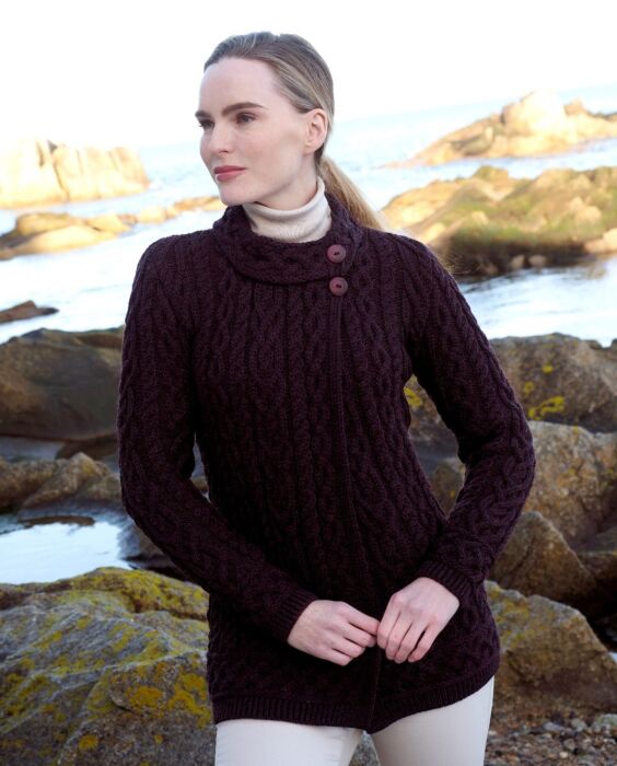 Aran Cardigan with Side Buttons Damson | The Sweater Shop