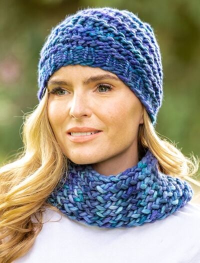 Super Soft Handmade in Ireland Snood and Spiral Hat Set - Blue Mix