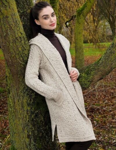 Ladies Herringbone Shawl Collar Hooded Coat Oatmeal