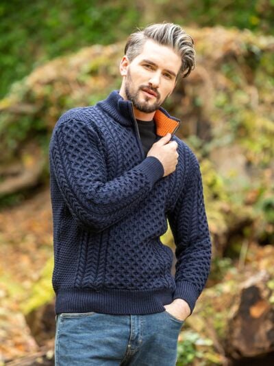 ARAN HALF ZIP SWEATER 2507- Navy with Terracotta collar