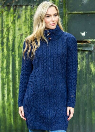 Women's Long Fitted Aran Coat - Deep Water Blue