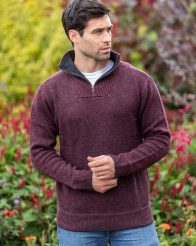 Men's Burgundy Lambswool Half Zip Sweater