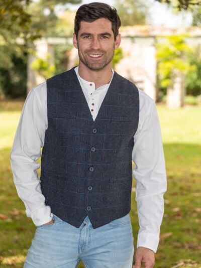 Mens Tweed Waistcoat Blue Overcheck