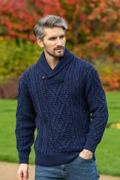 Aran Shawl Neck Sweater Deep Water Blue