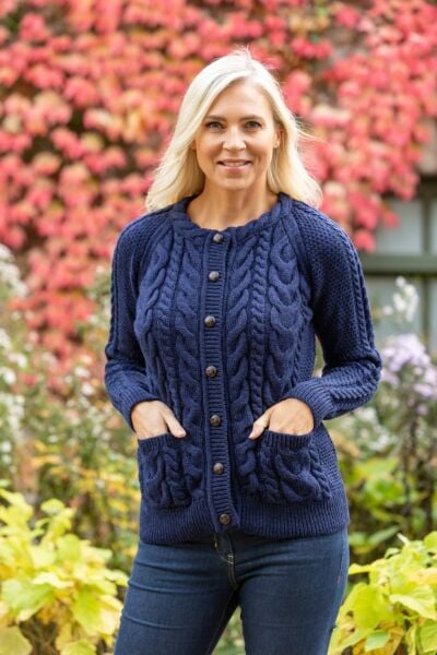 Irish Aran Cardigan Deep Water Blue