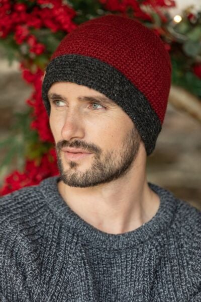 Mens Crochet Hat Red and Charcoal Rim