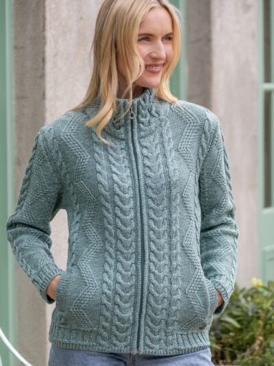 Ladies Aran Turtleneck Zip Aqua