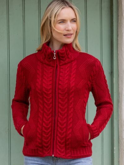 Ladies Aran Turtleneck Zip Cardigan Red