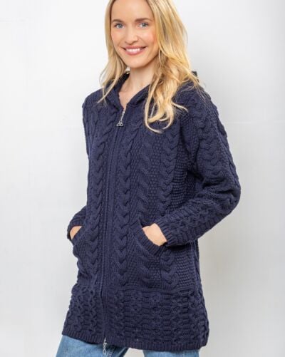 Aran Hooded Coat with Celtic Zipper Navy