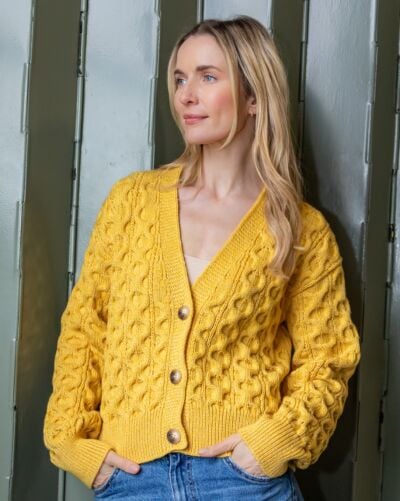 100% Merino Wool Cropped Aran Cardigan - Yellow