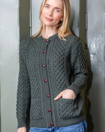 Irish Aran Cardigan Army Green