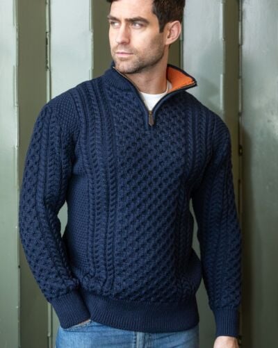 ARAN HALF ZIP SWEATER 2507- Navy with Terracotta collar