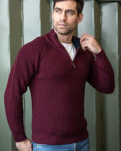 Men's half zip ribbed sweater Berry