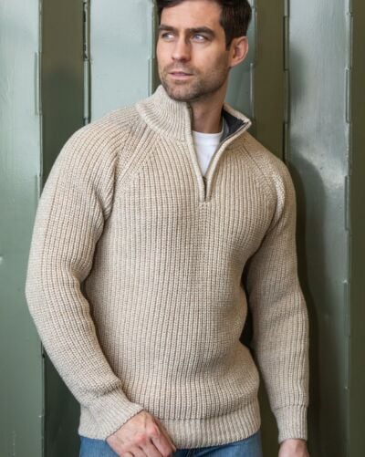 Men's half zip ribbed sweater Camel