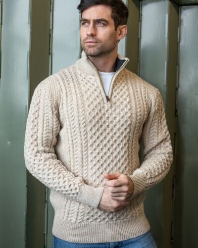 Mens Aran Half Zip Neck Sweater Beige