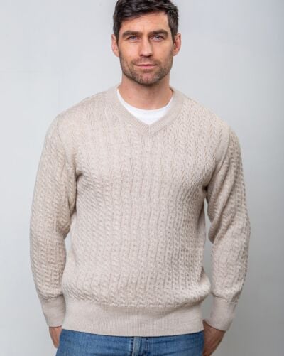 Extra Fine Merino Wool V Neck Sweater Beige