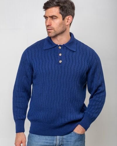 Extra Fine Merino Wool Button Neck Sweater - Dark Blue