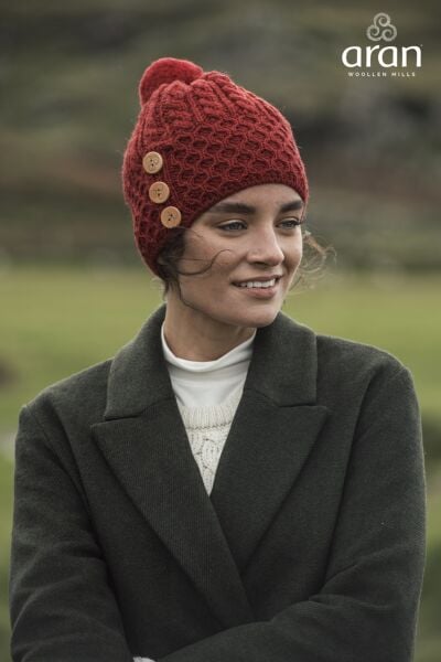 Aran Merino Wool Hat with 3 Buttons