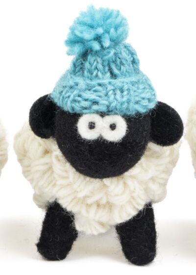 Knitted Sheep with Bobble Hat Teal Blue - Medium