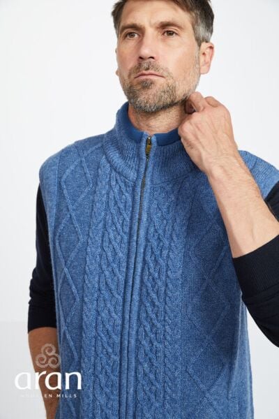 Sleeveless Lined Shetland Wool Aran Cardigan Blue 