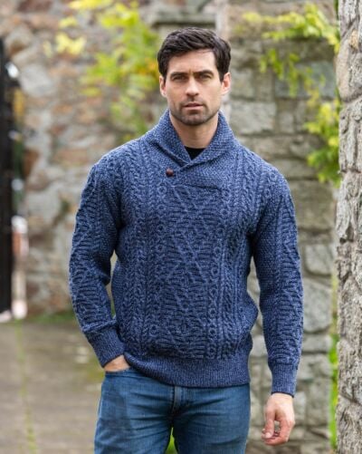 Aran Shawl Neck Sweater Denim 