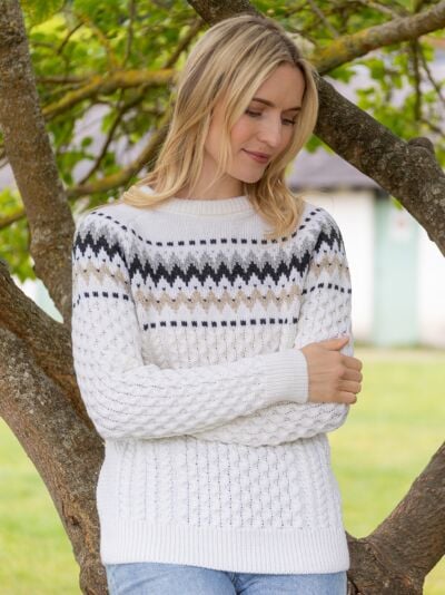 Ladies Merino Wool Fitted Fairisle Sweater Natural