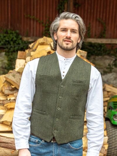 Wool Blend Lined Waistcoat Olive Herringbone