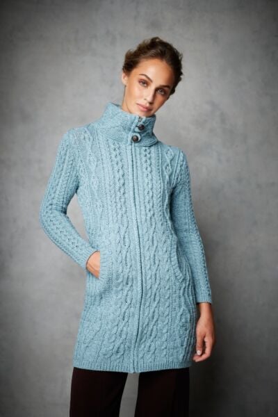 Womens Long Fitted Aran Coat - Aqua