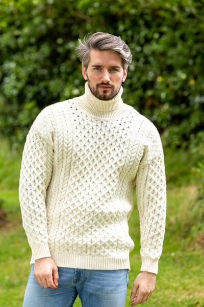 Men s Traditional Aran Turtleneck Sweater The Sweater Shop