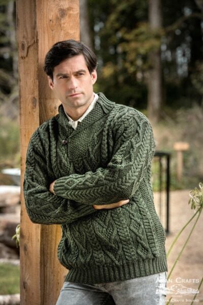 Mens Aran Shawl Neck Sweater Green