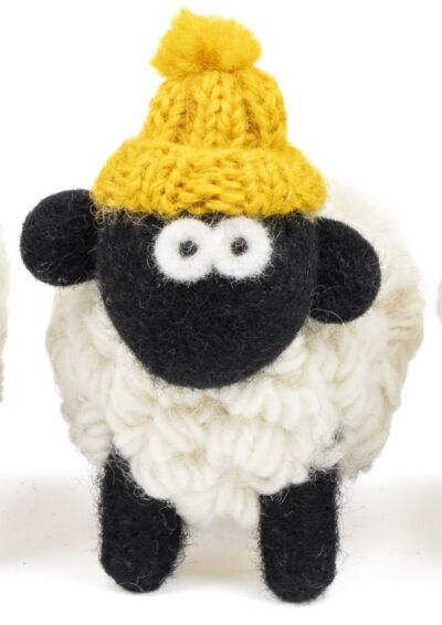 Knitted Sheep with Bobble Hat Yellow - Medium