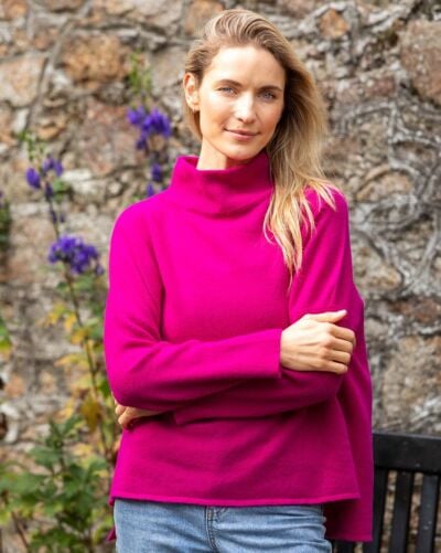 Merino Wool & Cashmere High Neck Sweater Magenta