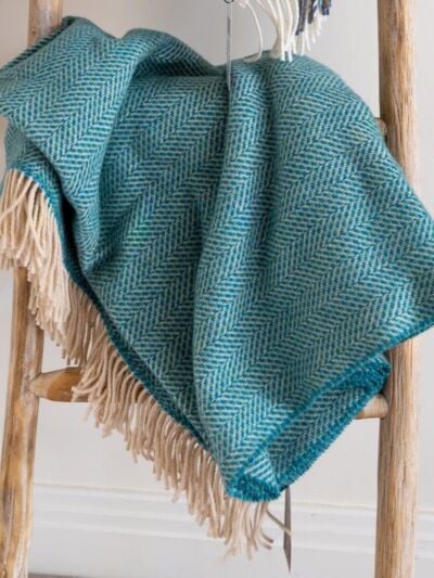 Wool and Cashmere Turquoise Herringbone Throw Col: 1417