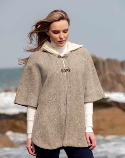 Hooded Tweed Cape - Natural