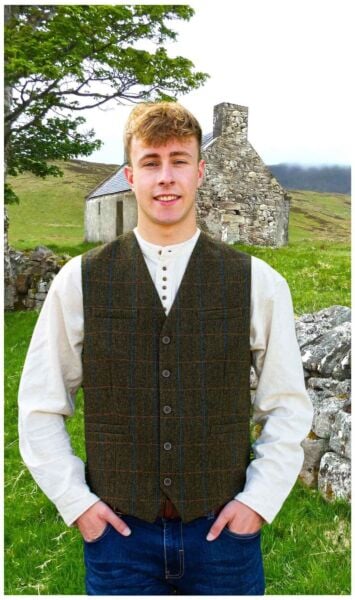 Mens Tweed Waistcoat Olive Overcheck